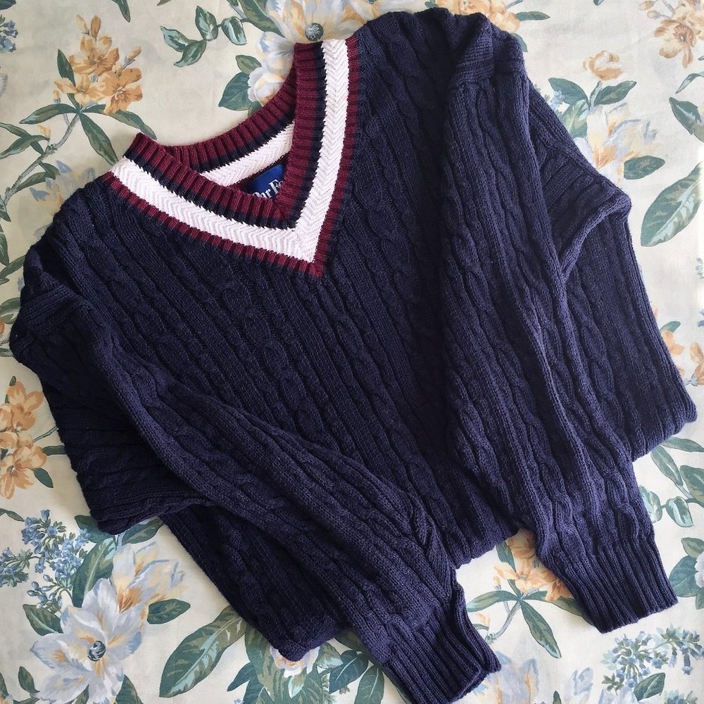 Vintage Thick Cable-Knit V-Neck Striped Golf Sweater